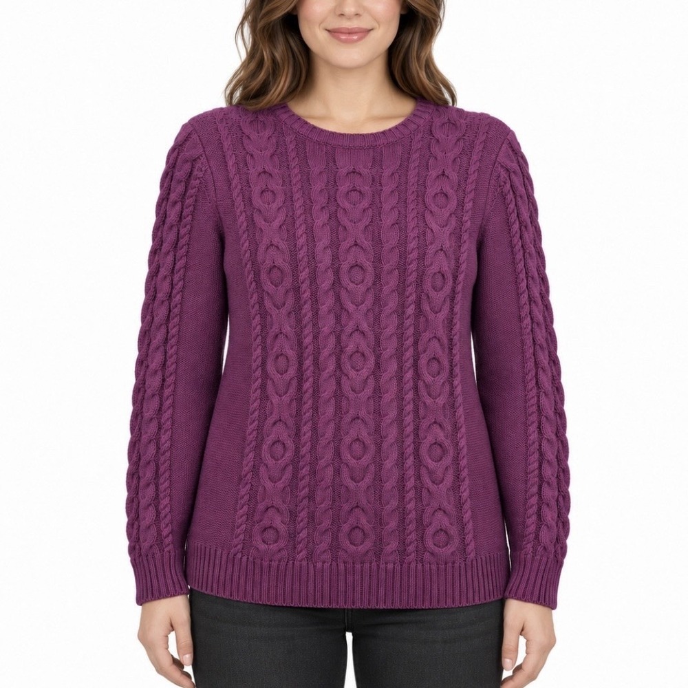 LL Bean Purple Double L Mixed Cable Cotton Crew Neck Pullover Sweater Size XS